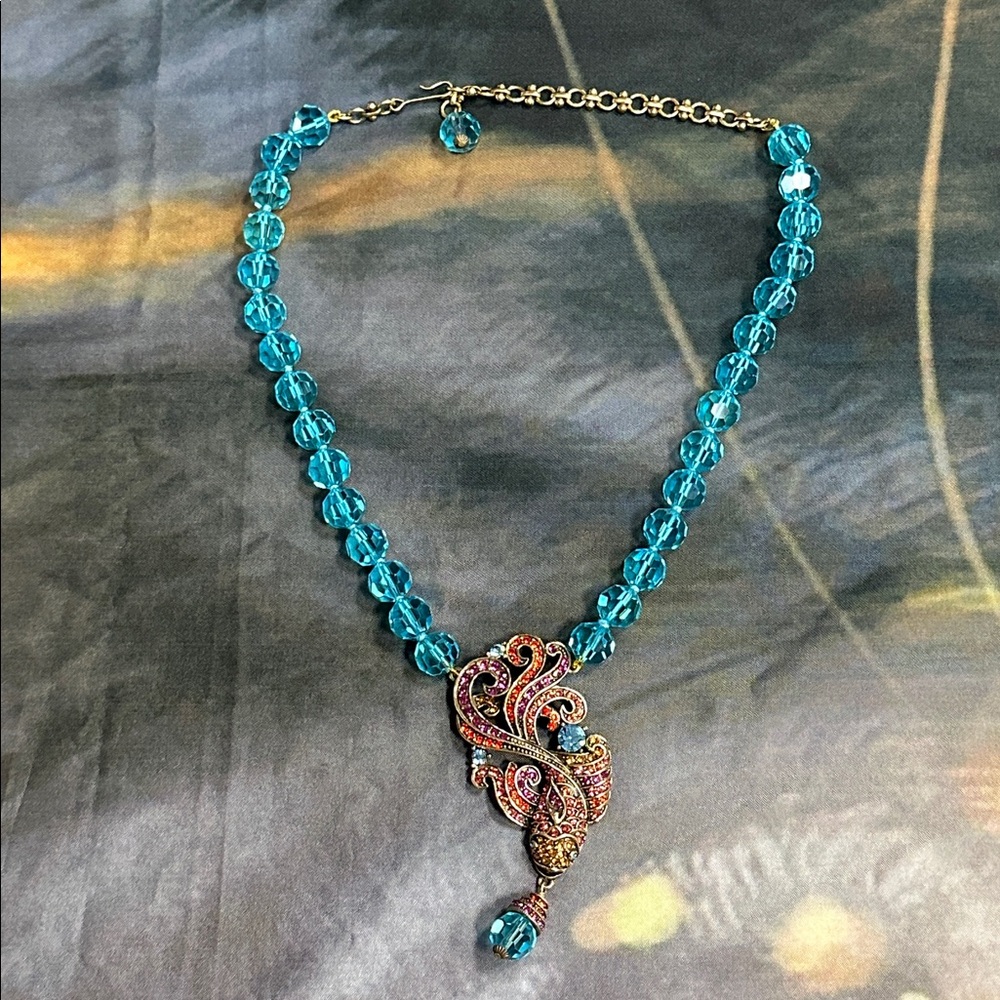 Heidi Daus Turquoise Beaded Necklace with multicolored crystal Koi fish